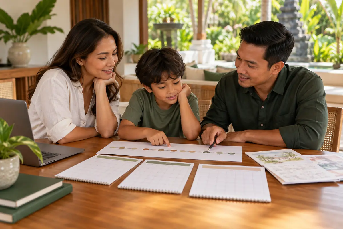 AI-generated photo of a fictional Indonesian education adviser, parent and child comparing a timeline, school calendars and anonymous work samples.