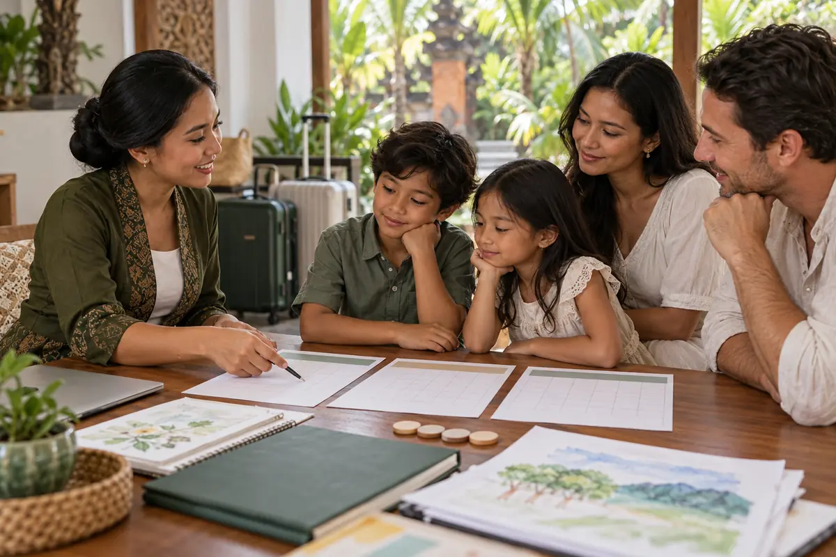 AI-generated photo of a fictional Indonesian education adviser and Indonesian children comparing school calendars.